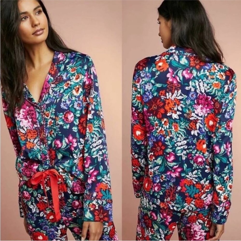 Anthropologie Floreat Floral Pajama Set Top Crop Pants Size L